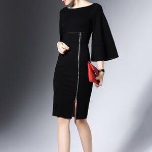 LONYUASH Black Sheath Bell‎ Sleeve Zipper Slit Midi